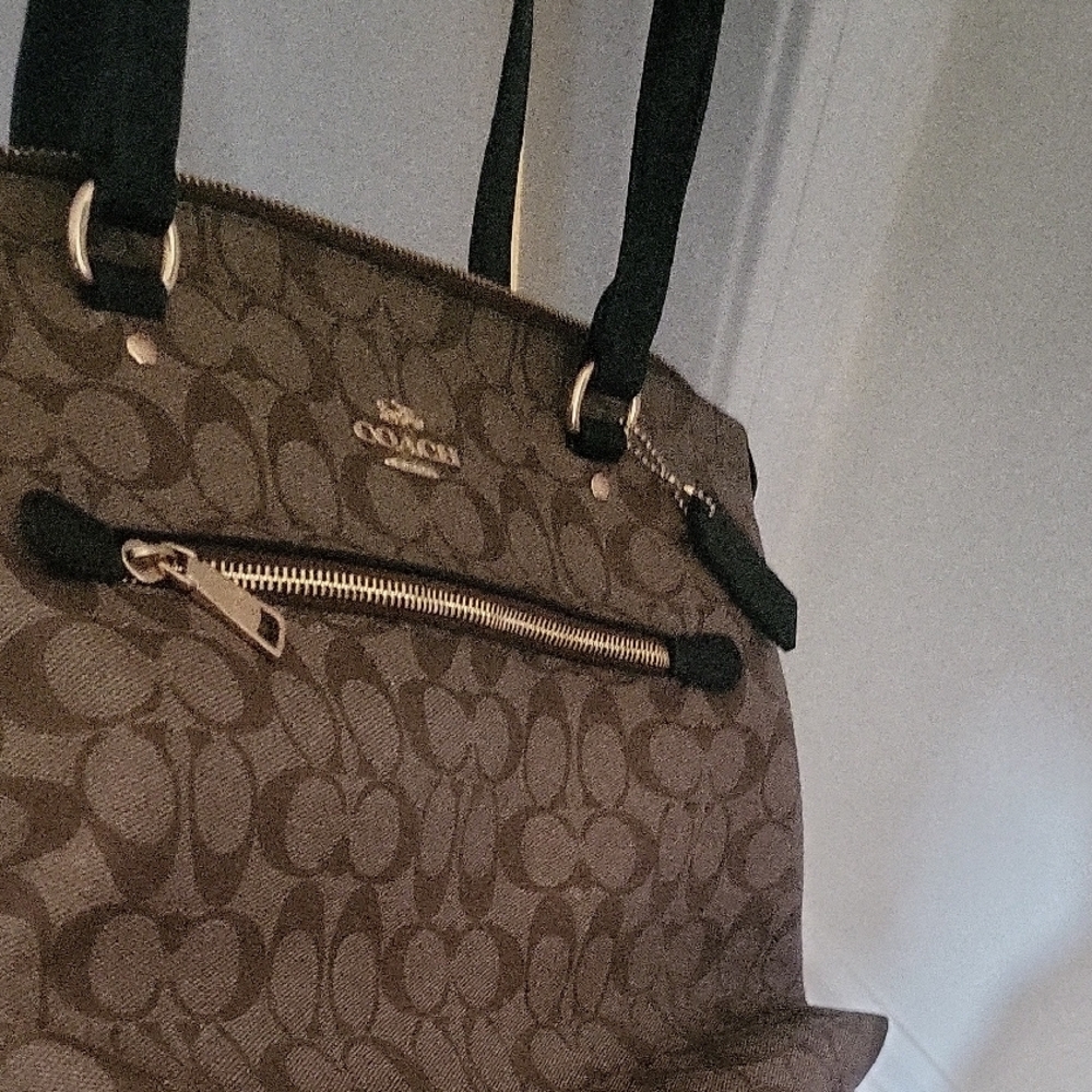 Coach Brown Monogram Tote with Leather Trim